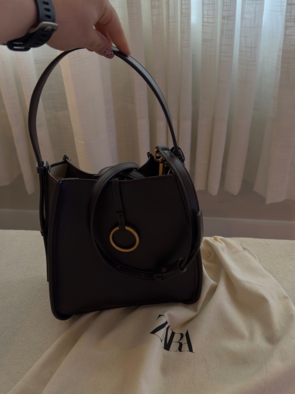 Zara Black Shoulder Bag with Gold Ring Detail
